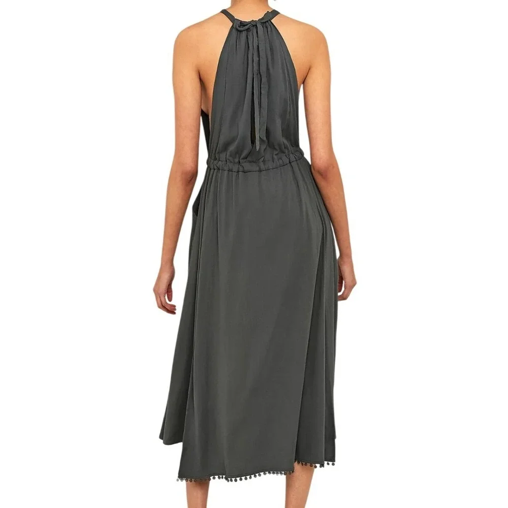 Free People Spring Love Midi Dress Carbon Gray Halter Open Back Pom Trim XS Boho